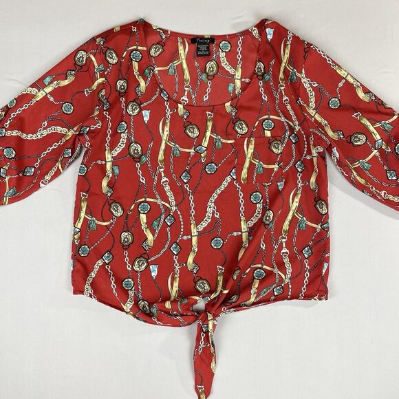 Timing Tie Front Top/Blouse Women’s Large Red Gold Chain Tassel Print Careerchic - Picture 1 of 14